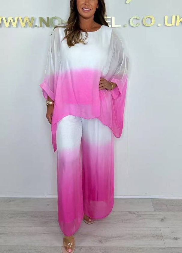 Women's Solid Color Casual Chiffon Printed Top And Loose Wide Leg Pants Two Piece Set European And American Style_ecoleips.com