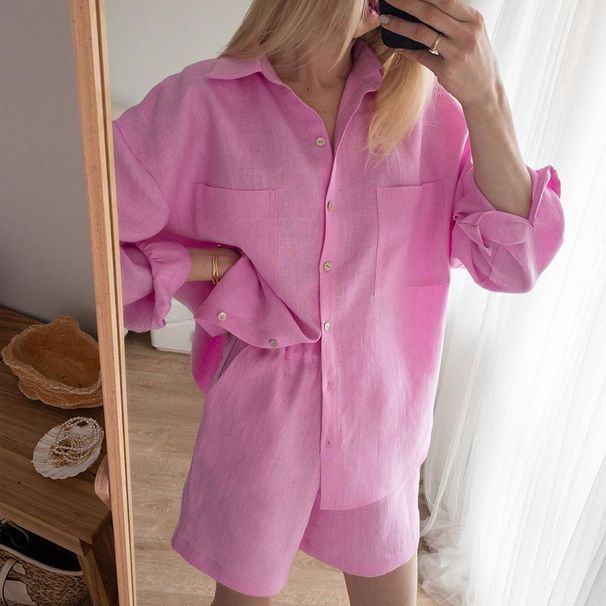 Women's Clothing Versatile Shirt Elastic Waist Shorts Cotton Linen Two Piece Set_ecoleips.com