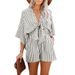 Women's Clothing Slim Waist Striped Jumpsuit For Women Deep V Flared Sleeve Three Quarter Pants_ecoleips.com