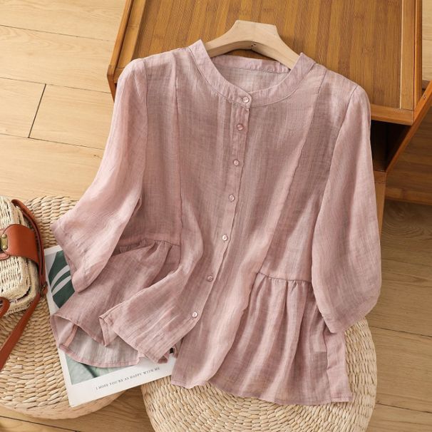 Women's Clothing Large Size Solid Color Cotton And Linen Shirt Loose Slim Temperament Casual Tops Shirt_ecoleips.com