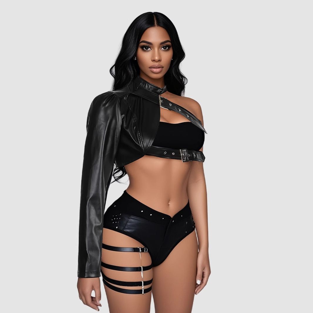 Black Punk Asymmetric PU Leather Jacket – Women’s Off-Shoulder Rocker Coat With Lace-Up Detail (One-Size Fits Most, Gothic Dancefloor Essential)_ecoleips.com