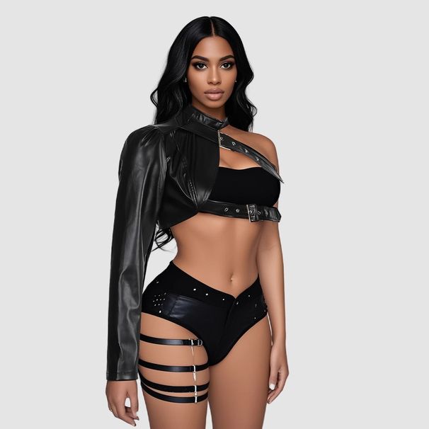 Black Punk Asymmetric PU Leather Jacket – Women’s Off-Shoulder Rocker Coat With Lace-Up Detail (One-Size Fits Most, Gothic Dancefloor Essential)_ecoleips.com