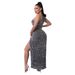 Women's Clothing Fashion Sequined One Shoulder Sleeveless Slit Dress Solid Color_ecoleips.com