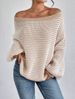 Cross-Border Off-Shoulder Knitted Versatile Loose Color-Block Striped Lantern Sleeve Lazy Sweater For Women_ecoleips.com