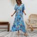 2026 Summer New Elegant Long V-Neck Printed High-Waisted Loose Fit Short-Sleeve Dress For Women_ecoleips.com