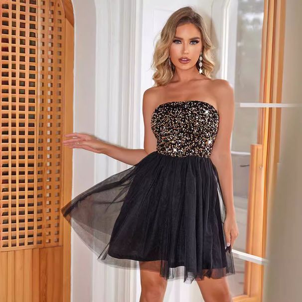 Sexy Off-Shoulder Sequin Black Puff A-Line Ball Gown Evening Dress For Women_ecoleips.com
