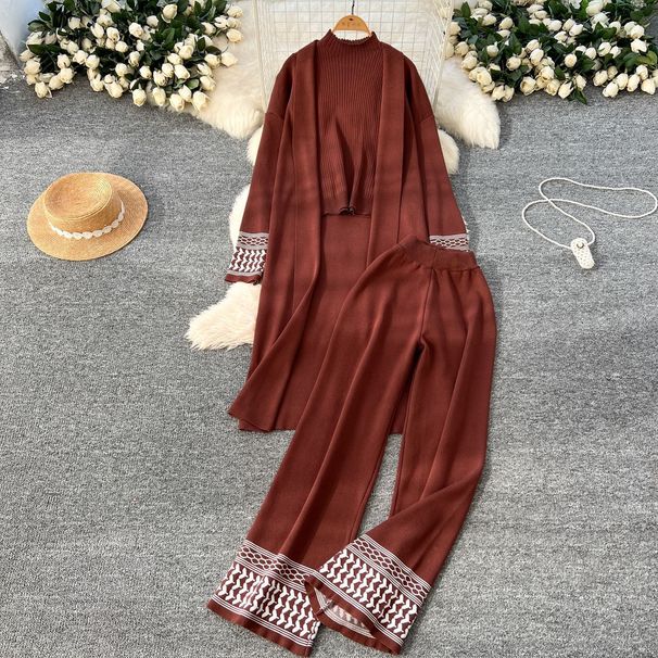 Women's Knitted Three Piece Set Temperament Lazy Style Cross Border European Station Sweater Cardigan Vest with Wide Leg Pants for Autumn Winter_ecoleips.com