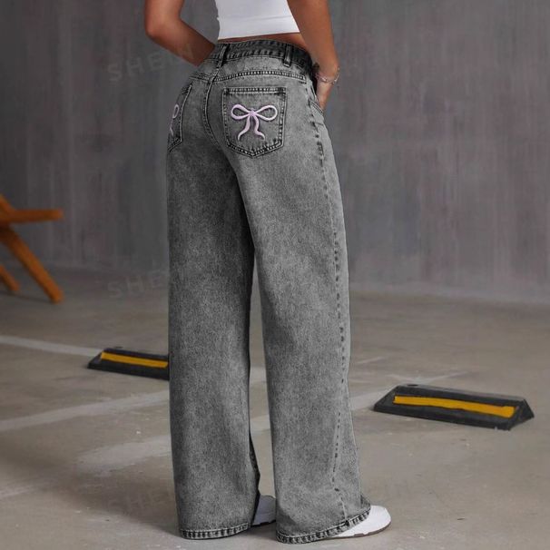 Women’s Clothing bow embroidered jeans for women sweet and spicy style high waist straight pants loose casual trousers_ecoleips.com