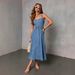 Vintage Women's Square Neck Sleeveless Denim Dress High Waist Belted A-Line Long Casual Summer Dress_ecoleips.com