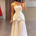 Lady Sexy Sleeveless Hem Solid Long Dresses Fashion Floral Hem Chic Shawl Ribbon Gown Strapless Paneled Pearl Chain Weding Dress_ecoleips.com