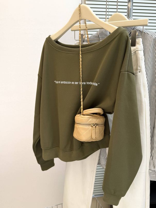 American-style Real-shot One-shoulder Off-shoulder Long-sleeve Sweatshirt Women, Thin Loose-fitting, Korean-style,_ecoleips.com