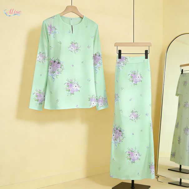 Elegant Two-Piece Maxi Dress Set – 3D Floral Print, Poly-Spandex Blend, High-Low Hemline, Round Neck (S-3XL, 5 Color Options)_ecoleips.com