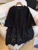 Korean Style Loose Plus Size Short Sleeve T-Shirt Round Neck Lace Splicing Pure Color Slimming Anti-Aging Versatile Women's Top_ecoleips.com