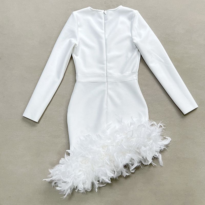 Women's Clothing Fire Piece Feather Long Sleeve Bandage Dress Evening Dress Bandagedresses_ecoleips.com