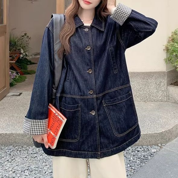 Salt-style Plaid Patchwork Mid-length Denim For Women, 2026 Spring/autumn New Model, Loose Fit, Slimming, Versatile_ecoleips.com