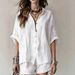 Women's Solid Color Loose Button down Shirt And Shorts Fashion Casual Suit Spring/Summer New European And American Cross Border Trade Clothing_ecoleips.com