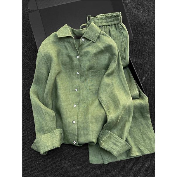 Elegant Green Shirt & Wide-Leg Pants Set – Wrinkle-Free Polyester Outfit For Women – Office & Casual Chic_ecoleips.com
