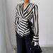 European American Cross-border Foreign Trade Women's Casual Striped Long-sleeve Shirt With V-neck, Slim Fit,_ecoleips.com