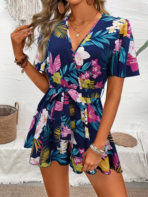Women's Loose Printed Jumpsuit Neck Belt Short Skirt Pants Ruffled Sleeve Beach Vacation Fashion_ecoleips.com