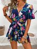 Women's Loose Printed Jumpsuit Neck Belt Short Skirt Pants Ruffled Sleeve Beach Vacation Fashion_ecoleips.com