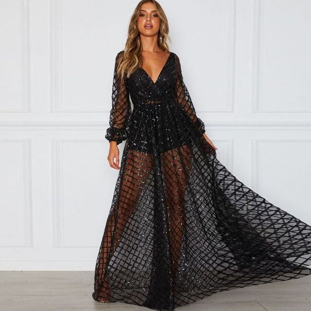 Women's Clothing Summer New Women's Sexy V neck Backless Dress Sequined Mesh Evening Dress Long Skirt_ecoleips.com