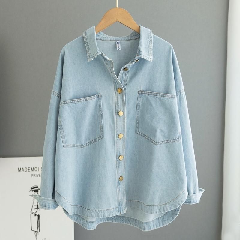 Women's Oversized Denim Shirt - Relaxed Fit Long Sleeve Button-Down Top With Pocket, Casual & Chic (Light Blue)_ecoleips.com