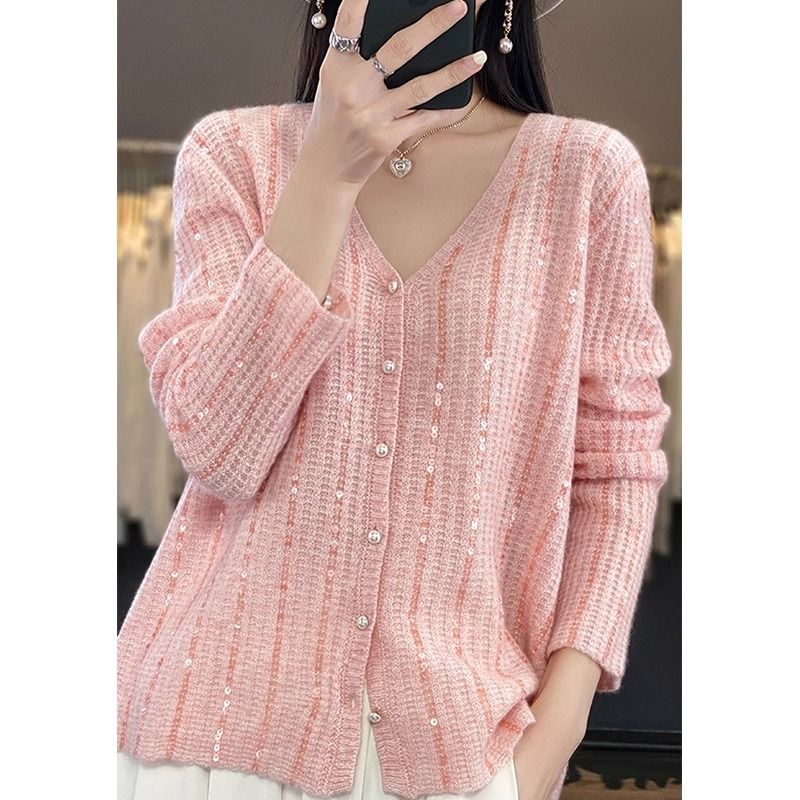 Women's V Neck Knitted Cardigan Heavy Sequined Relaxed Style Loose Fitting Pearl Button Sweater Coat Autumn New Style_ecoleips.com