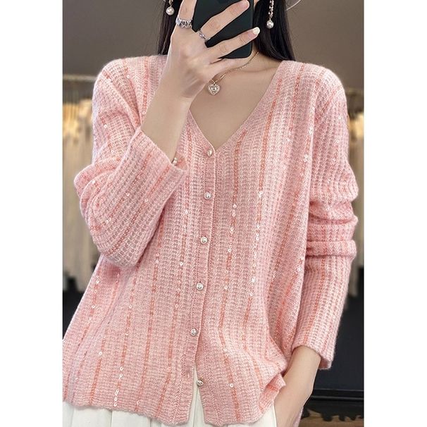 Women's V Neck Knitted Cardigan Heavy Sequined Relaxed Style Loose Fitting Pearl Button Sweater Coat Autumn New Style_ecoleips.com