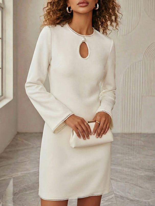 Women's Clothing French Elegance Slim Fit Dress With Pearl Embellished Hollowed Out Neckline Spring Autumn Solid Color Long Sleeves Short Skirt_ecoleips.com