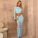 Women's perspective round neck high waist long sleeve waist hip skirt two-piece lace skirt_ecoleips.com
