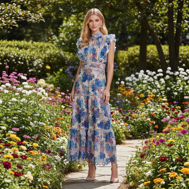 Women's Spring/Summer Stand Collar Dress Patchwork Water Soluble Lace Flutter Sleeves_ecoleips.com