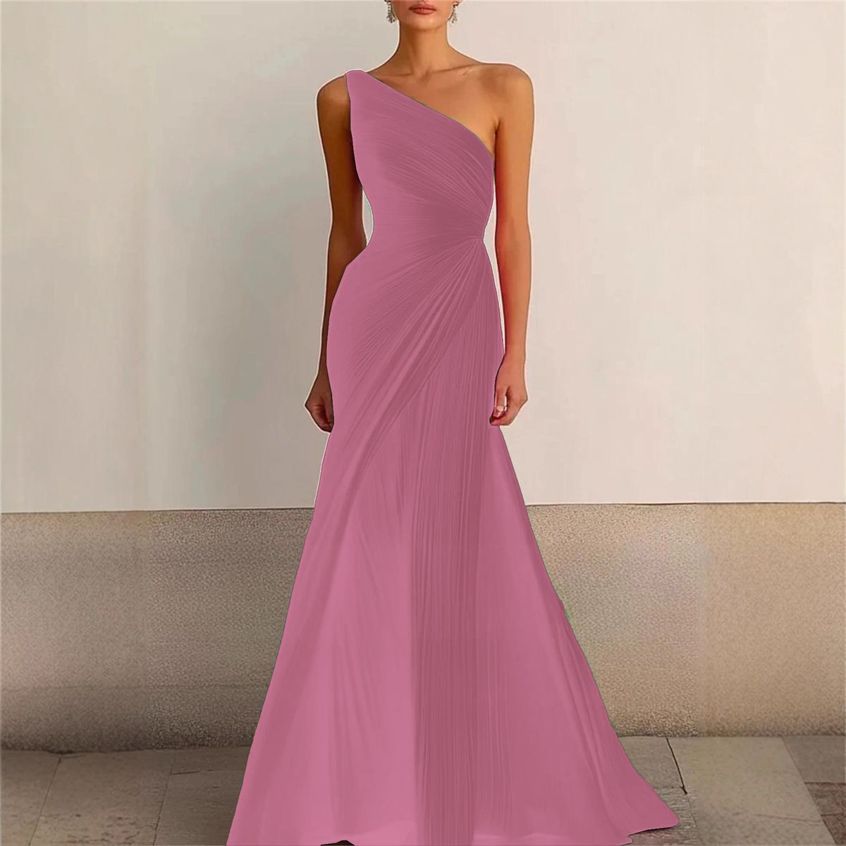 Elegant One-Shoulder Long Evening Gown Slim Fit Formal Party Dress for Banquet Prom Women's Clothing_ecoleips.com