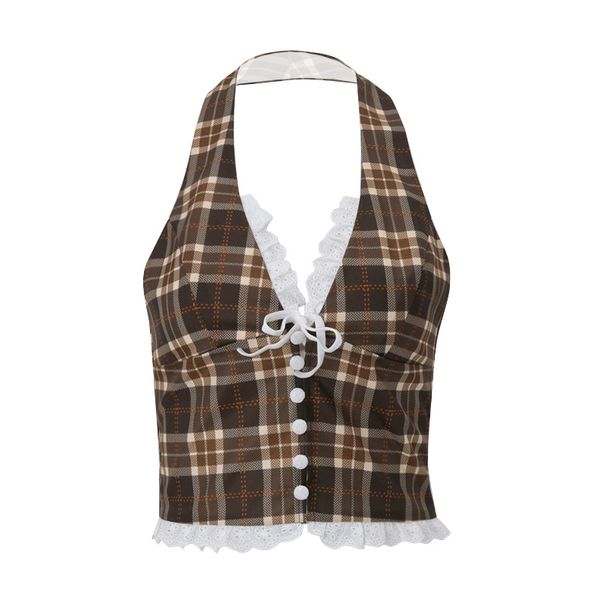 Wind Wom's Clothing 2025 Spring/summer New Style Fashionable And Sexy Frch Sweet Plaid Hanging Neck Vest Top For_ecoleips.com