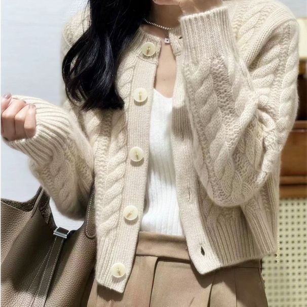 Aria Basics Aria Basics Autumn Winter Short Thickened Wool Sweater For Women Round Neck Cardigan Loose Lazy Knitted Top Coat_ecoleips.com