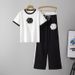 Audday Fashion Women's Knitted Summer Round Neck Camellia Short Sleeve Top Elastic Waist Casual Long Pants Two-Piece Set_ecoleips.com