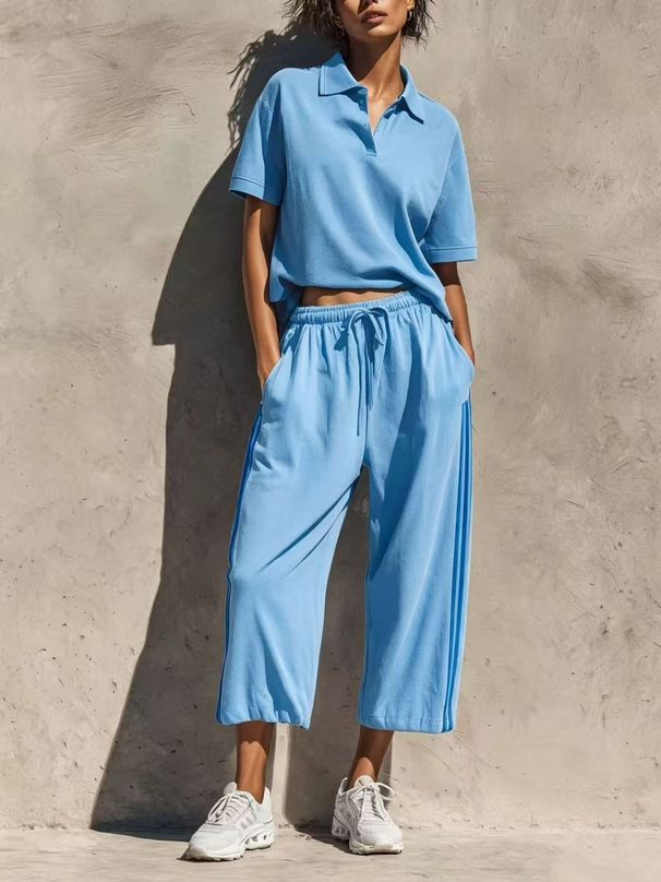 Women's Summer Casual Lapel Short Sleeved Drawstring Capri Pants Set European American Style Solid Color Two Piece Sports Outfit_ecoleips.com
