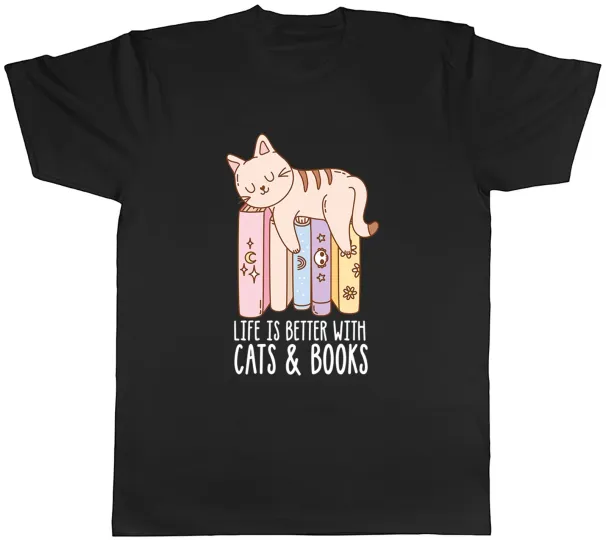 Women's T-Shirts Life Is Better With Cats & Books World Book Day Mens T-Shirt Tee Gift Top_ecoleips.com
