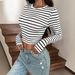Women's Slim Fit Cropped T-Shirt Round Neck Long Sleeve Striped Print Comfortable Versatile European American Style Top For Summer_ecoleips.com