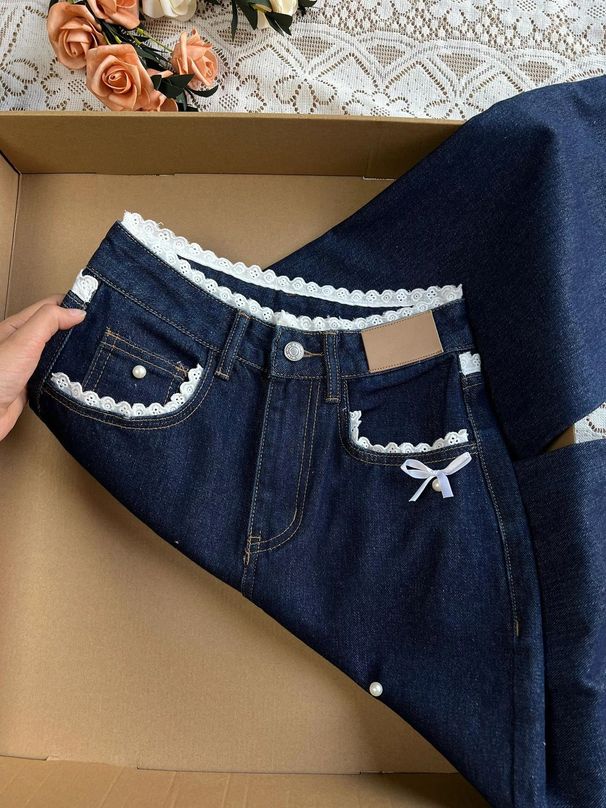 Women's Clothing Dark Blue Lace Jeans For Women Autumn Lace High Waist Straight Loose Trousers_ecoleips.com