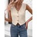 New European And American 2025 Summer Loose Sleeveless Solid Color Casual Cardigan Button Jacket_ecoleips.com