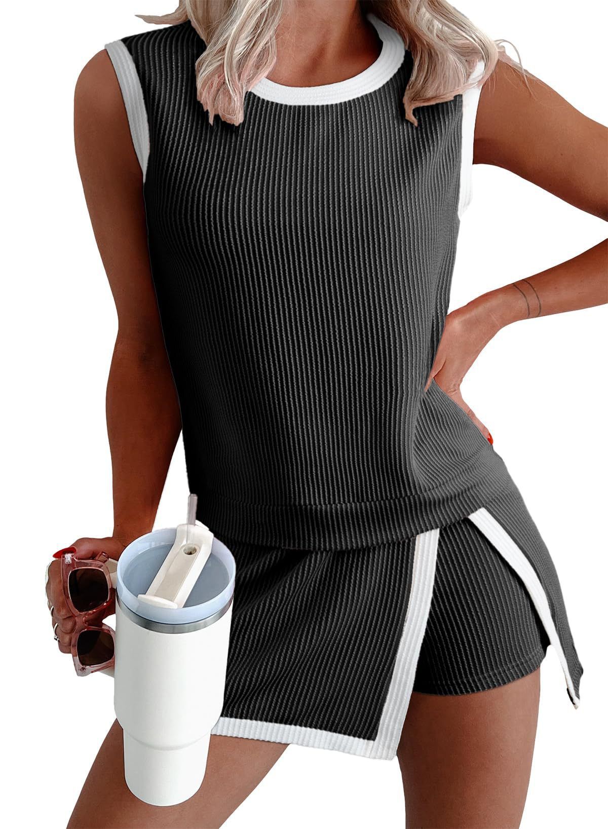 Women's Sportswear Short Suit Color Block Striped Vest Spring Summer Fashion_ecoleips.com