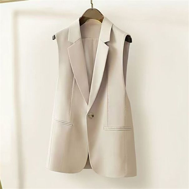 Back-slit Beige Blazer Women, New Spring/autumn Korean Style Design, Sleeveless Outerwear Vest For Petite Women_ecoleips.com