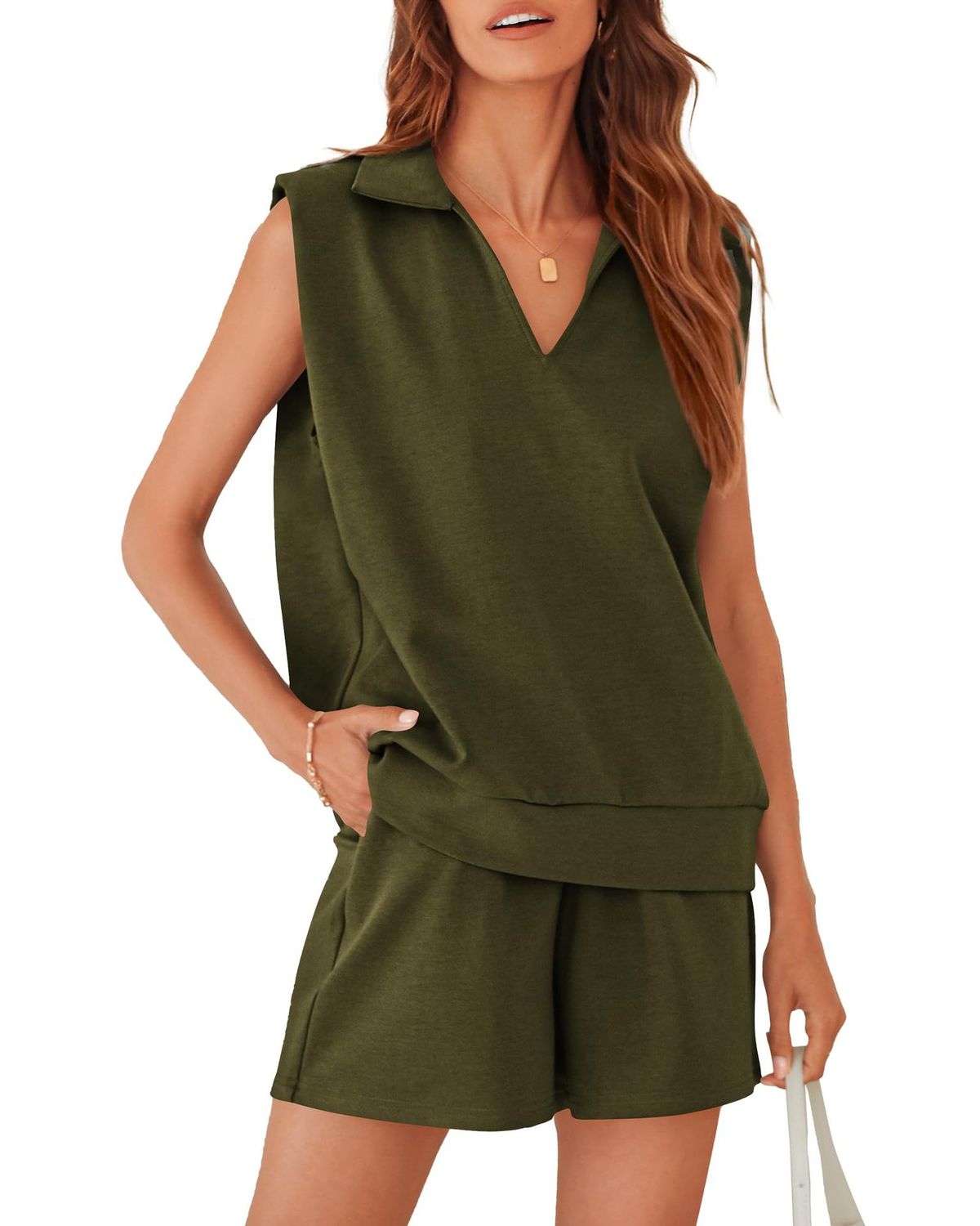 2024 European American Women's 2-Piece Sleeveless Sweatshirt And Shorts Set Casual Sportswear With Pockets_ecoleips.com