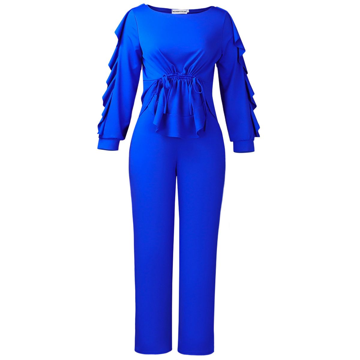 Elegant European American Style Winter Two Piece Set Women's Slim Waist Top With Long Sleeves And Ruffle Drawstring Elastic Pants_ecoleips.com