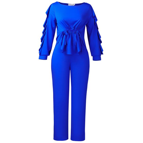 Elegant European American Style Winter Two Piece Set Women's Slim Waist Top With Long Sleeves And Ruffle Drawstring Elastic Pants_ecoleips.com