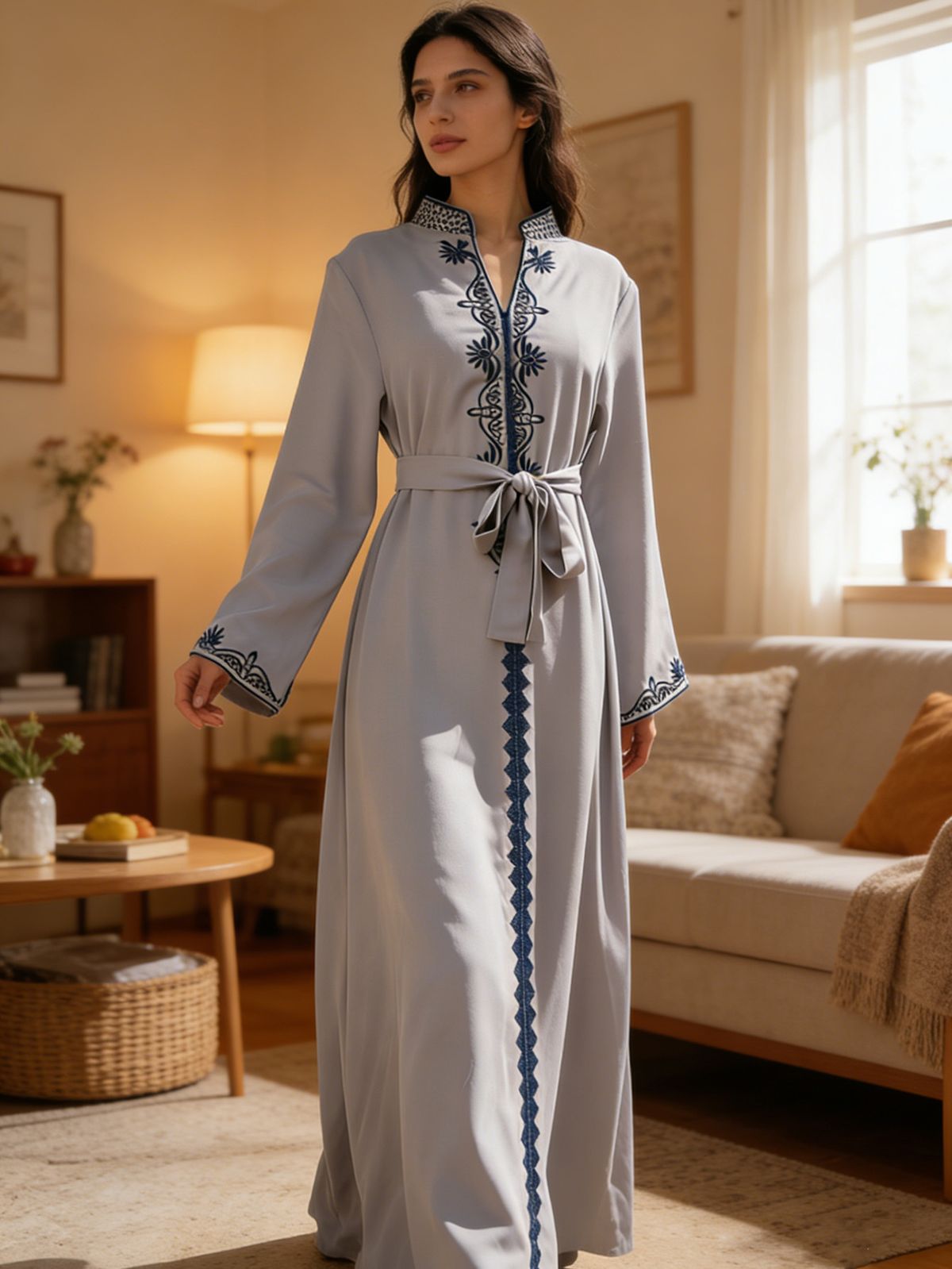 Elegant Saudi Abaya Dress With Embroidery & Belt – Long Sleeve Modest Islamic Wear (Grey, M-Xl) Cultural Events_ecoleips.com