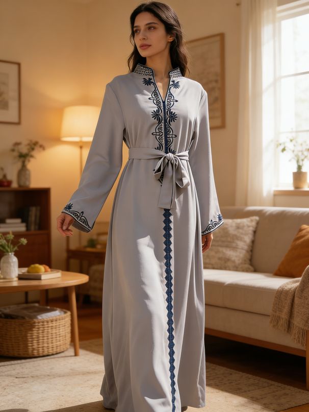 Elegant Saudi Abaya Dress With Embroidery & Belt – Long Sleeve Modest Islamic Wear (Grey, M-Xl) Cultural Events_ecoleips.com