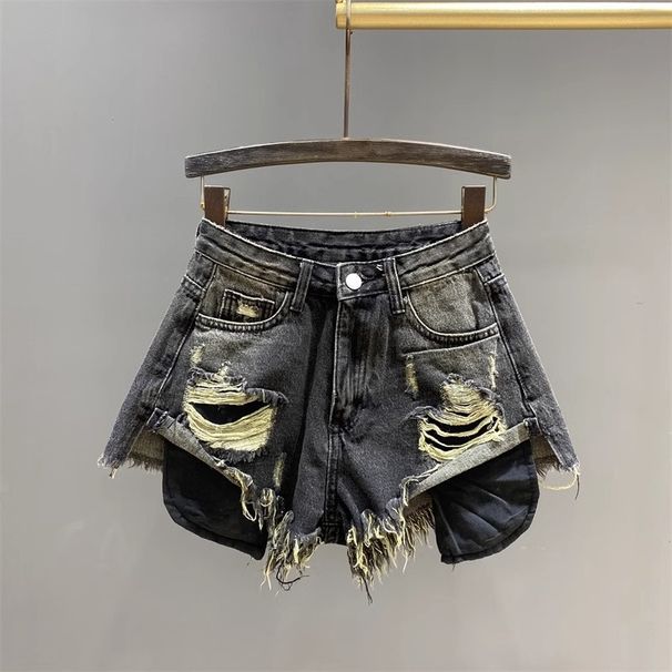 Women's High-Waisted Slimming Fringe Ripped Denim Shorts Summer 2026 A-Line Wide Leg Hot Pants Leg Lengthening Hot Girl Style_ecoleips.com