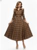 Freeacy Women's Brown Plaid Turn-Down Collar High Waist Long Sleeve Flared Midi Dress 2026 Spring Fashion Retro Party Dresses_ecoleips.com