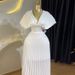 Women's Clothing Spring New Style Elegant Pleated V Neck Bat Sleeve High Waist A Line Dress Long Skirt_ecoleips.com